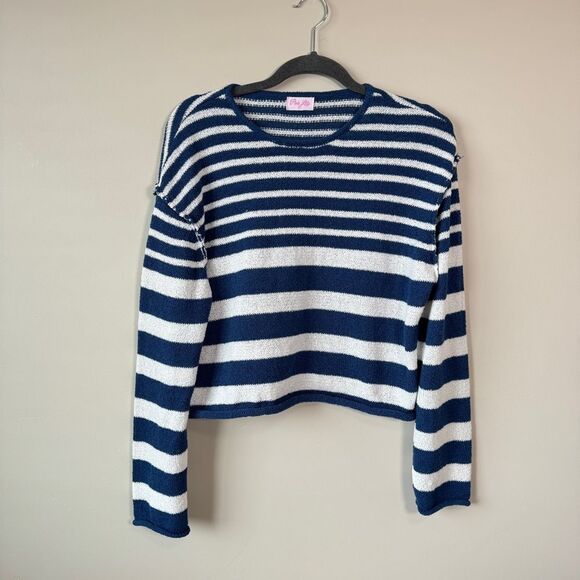 Pink Lily Sweaters - Striped Long Sleeve Pullover Knit Sweater Small Blue White Striped Nautical
